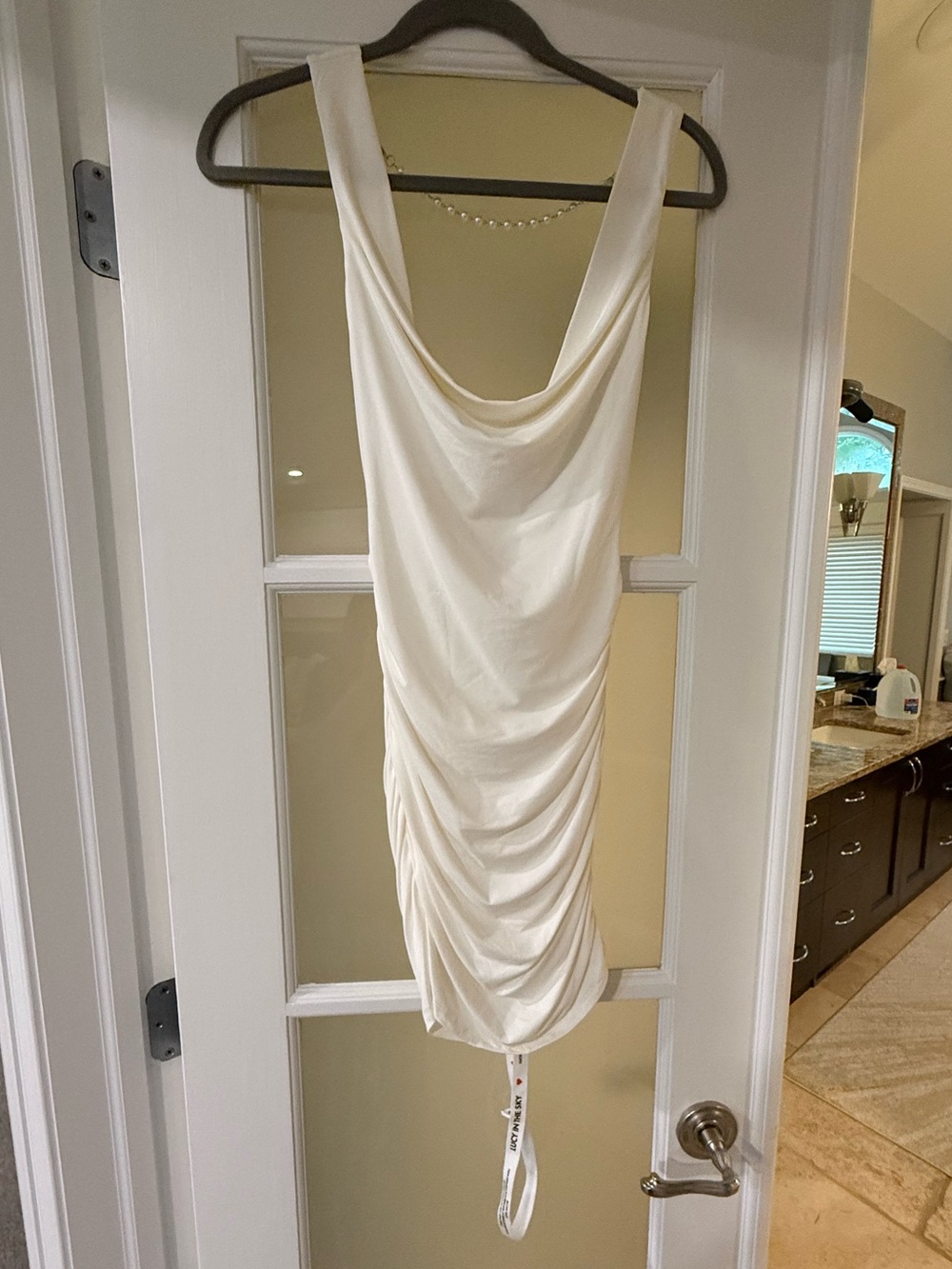 NWT White Draped Cowl Neck Body Con Dress with Pearl Accents